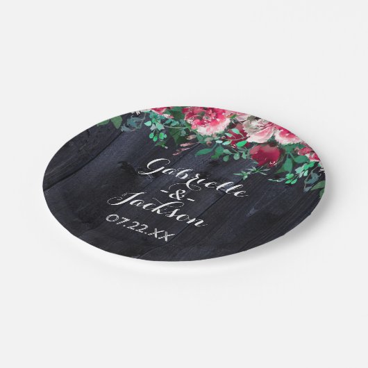 Wijn Blush & Navy Wood Burgundy Weddenschap Monogr Papieren Bordje (Gekanteld)