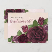 Wijn | Blush | Verzoek van Mauve Floral Bridesmaid Uitnodiging Briefkaart (Voorkant / Achterkant)