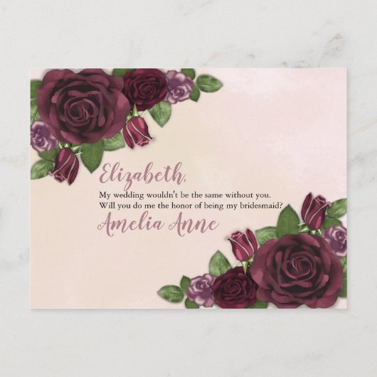 Wijn | Blush | Verzoek van Mauve Floral Bridesmaid Uitnodiging Briefkaart (Achterkant)
