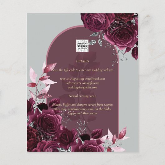 Wijn Bourgondië Rozen Goud Tekst Trouw UITNODIGING Flyer (Achterkant)