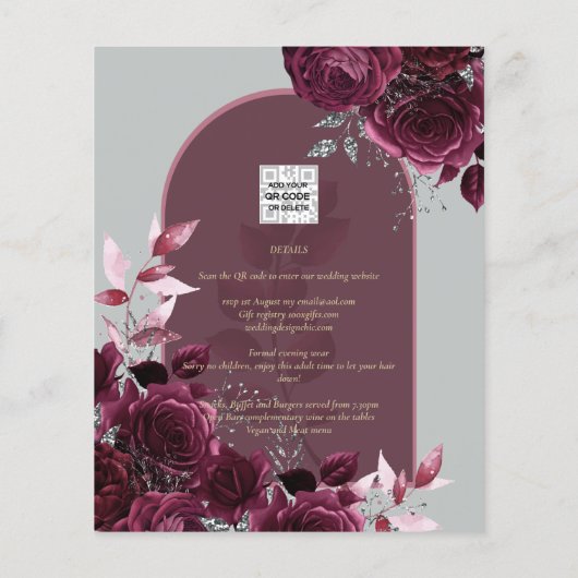 Wijn Bourgondië Rozen Goud Tekst Trouw UITNODIGING Flyer (Achterkant)