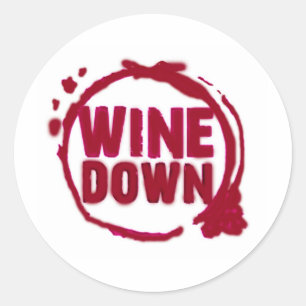 "WIJN DOWN"...ONTWERP VAN WIJNSTAINEN RONDE STICKER