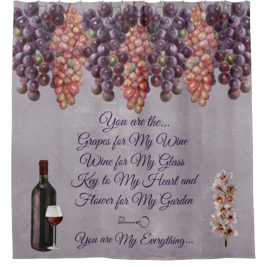 Wijn, Druiven, Bloemen met Liefdesgedicht Douchegordijn (Voorkant)