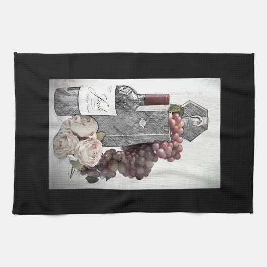Wijn, druiven en Rozen in Bourgogne en zwart Theedoek (Horizontaal)