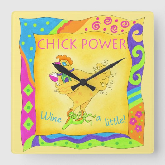 Wijn een kleine chick Power Yellow Whimsy Vierkante Klok (Voorkant)