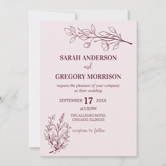 Wijn Eenvoudige Boho Bloemen Bicolor Bruiloft Kaart (Voorkant)