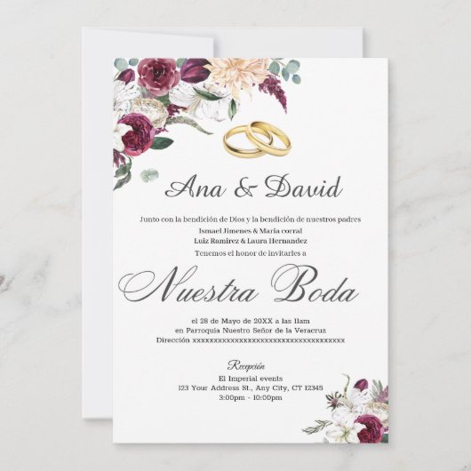 Wijn Elegante Waterverf Bloemen Bruiloft Uitnodigi Kaart (Voorkant)