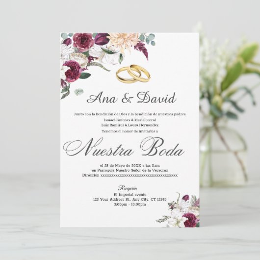 Wijn Elegante Waterverf Bloemen Bruiloft Uitnodigi Kaart (Staand voorkant)