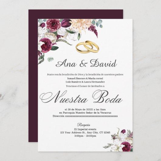 Wijn Elegante Waterverf Bloemen Bruiloft Uitnodigi Kaart (Voorkant / Achterkant)