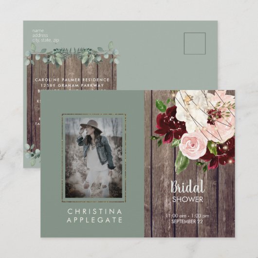 Wijn en Blush Floral Sage Photo Vrijgezellenfeest Uitnodiging Briefkaart (Voorkant / Achterkant)