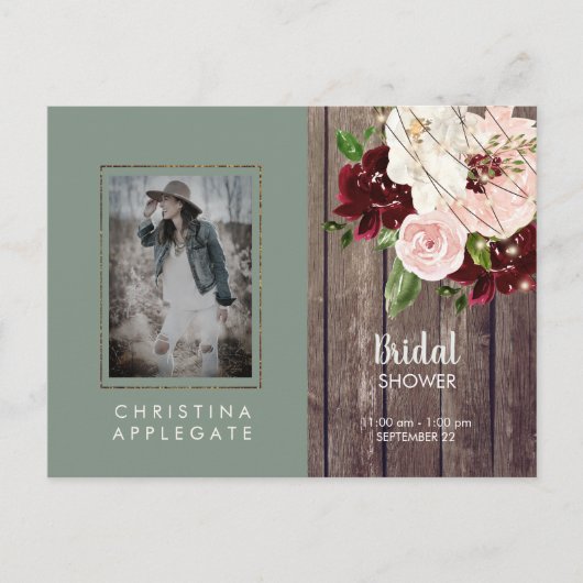 Wijn en Blush Floral Sage Photo Vrijgezellenfeest Uitnodiging Briefkaart (Voorkant)