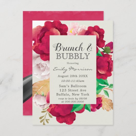 Wijn en Blush Pink Peony Brunch & Bubble Kaart (Voorkant / Achterkant)