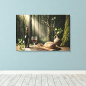 Wijn en brood op een bostafel canvas afdruk (Insitu (Houten vloer))