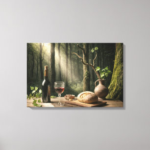 Wijn en brood op een bostafel canvas afdruk