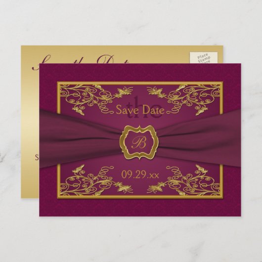 Wijn en Gouden Bloemen Damask Save the Date Kaart (Voorkant / Achterkant)