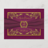 Wijn en Gouden Bloemen Damask Save the Date Kaart (Voorkant)