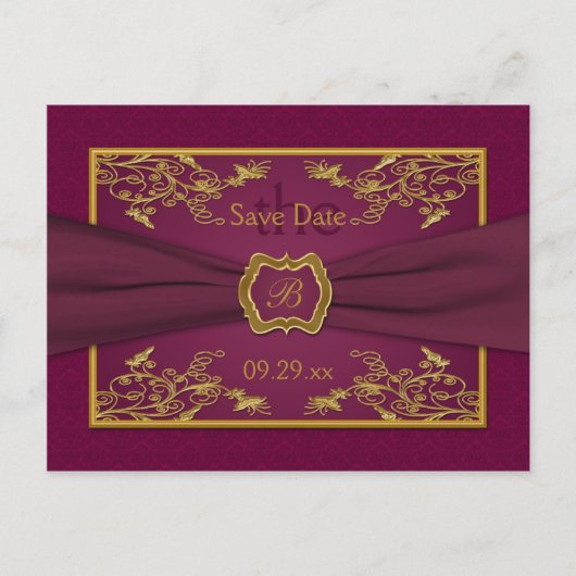 Wijn en Gouden Bloemen Damask Save the Date Kaart (Voorkant)