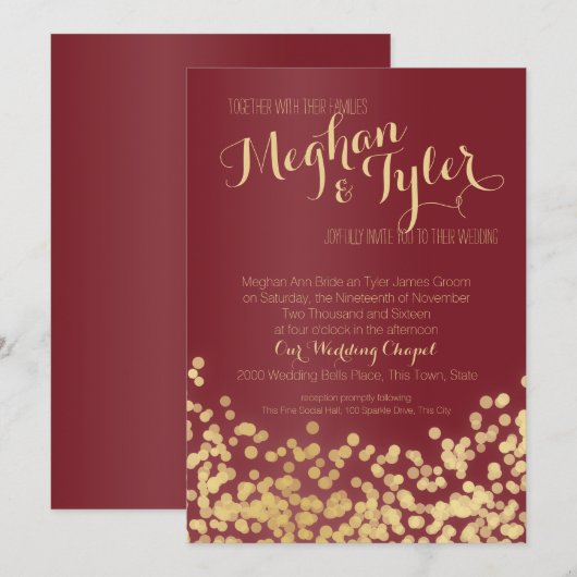 Wijn en Gouden Sparkle Wedding Kaart (Voorkant / Achterkant)