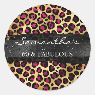 Wijn en goudfolie Leopard 60 & Fabulous Ronde Sticker