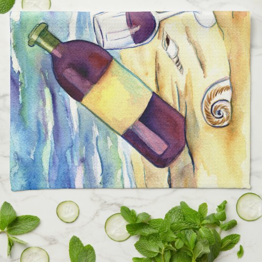 Wijn en kaas bij het strand Art Keuken Handdoeken (Gevouwen)