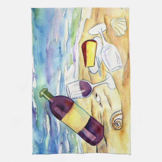 Wijn en kaas bij het strand Art Keuken Handdoeken (Verticaal)