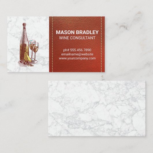 Wijn en kaas | Marmer met gestikt leer Visitekaartje (Voorkant / Achterkant)