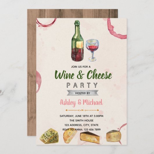 Wijn en kaas thema feestuitnodiging kaart (Voorkant / Achterkant)