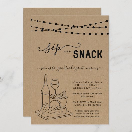 Wijn- en kaasfeest, nippen en snackuitnodiging kaart (Voorkant / Achterkant)