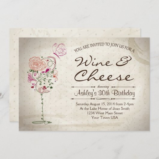 Wijn- en kaasooruitnodiging kaart (Voorkant / Achterkant)