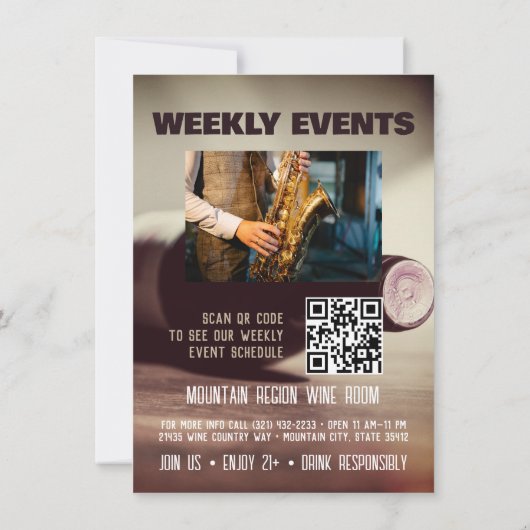 Wijn en Muziek Aangepaste Folder Uitnodiging (Achterkant)