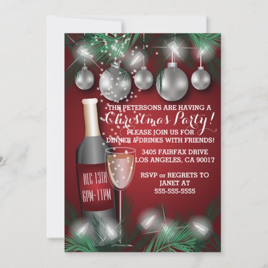 Wijn en Ornamenten Red Christmas Holiday Party Kaart (Voorkant)