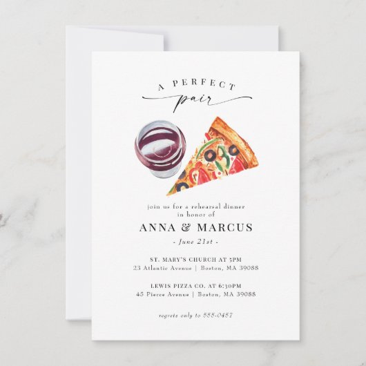 Wijn en Pizza Perfect Paar Rehearsal Dinner Kaart (Voorkant)