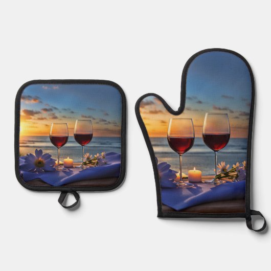 Wijn en strand ovenwant & pannenlap set (Voorkant)