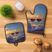 Wijn en strand ovenwant & pannenlap set (Top down)