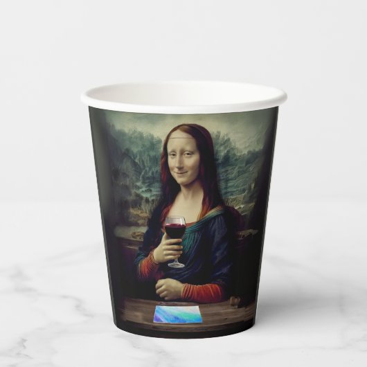 Wijn en Verf feest Mona Lisa verjaardag Papieren Bekers (Achterkant)