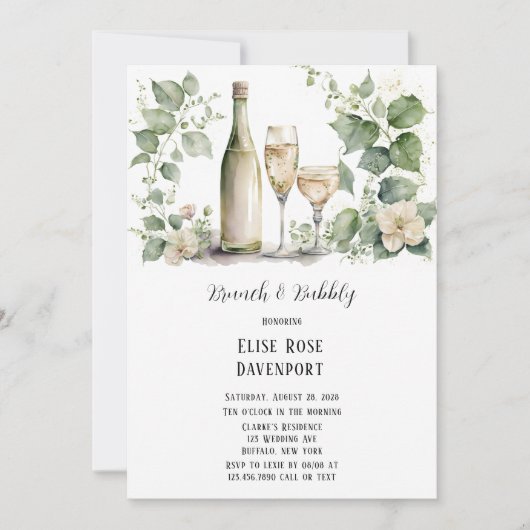 Wijn en wijn Glass Greenery Floral Brunch en Bubbl Kaart (Voorkant)