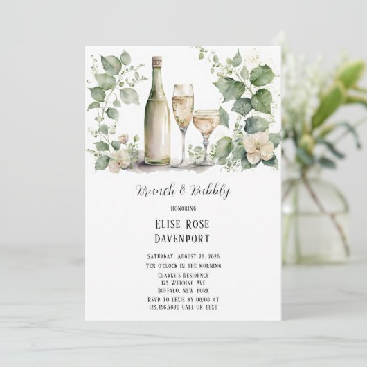 Wijn en wijn Glass Greenery Floral Brunch en Bubbl Kaart (Staand voorkant)