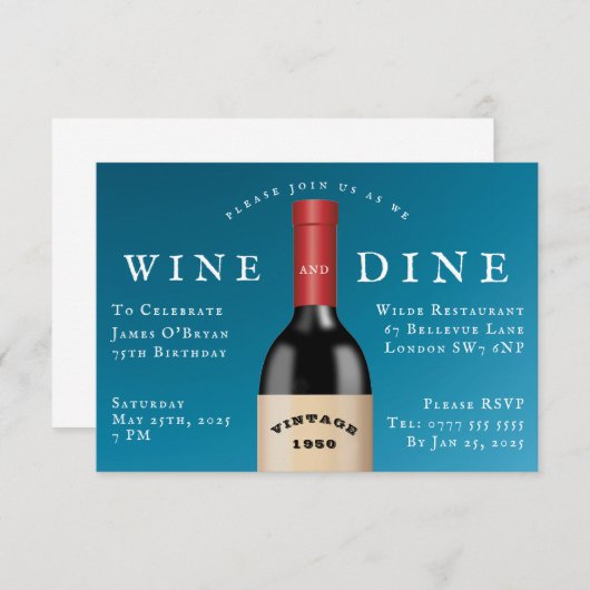 Wijn en wijn  jarig kaart (Voorkant / Achterkant)
