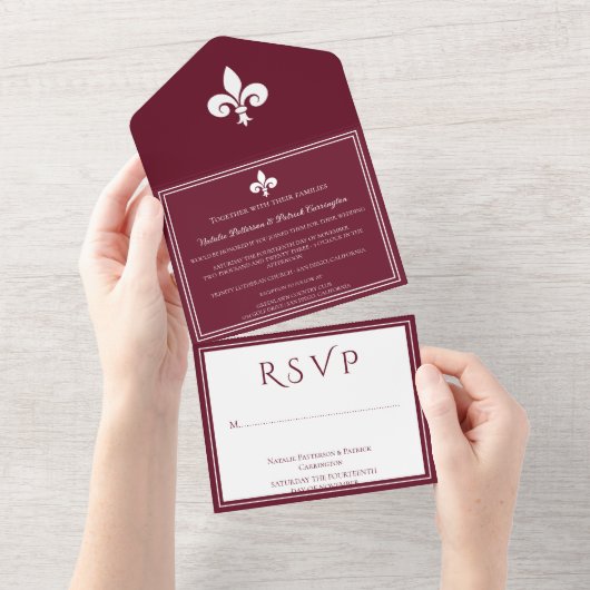 Wijn Fleur de Lis All in One Wedding Invite Uitnodiging (Afscheurbaar)