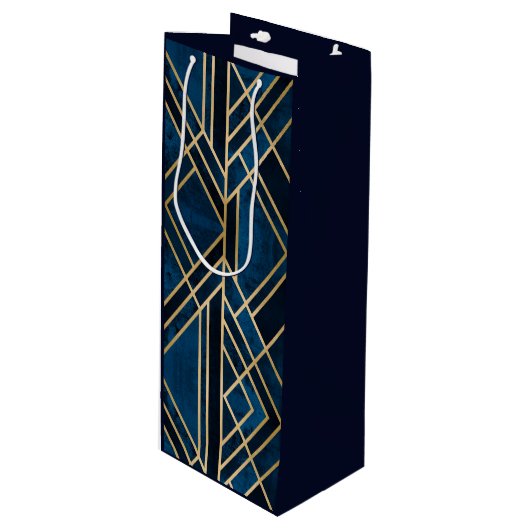 Wijn Gift Bag - Art Deco Blue & Gold Mirrored Cadeautas (Voorkant Gekanteld)