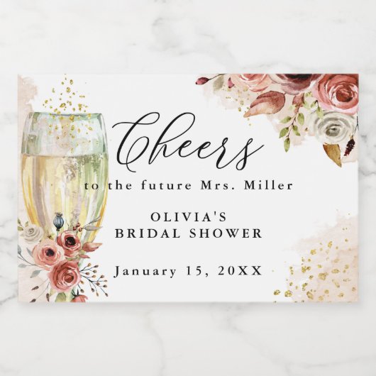 Wijn Glas Bruiloft Met Roest en Goud Bruidsontbijt Sparkling Wijnetiket (Enkel label)