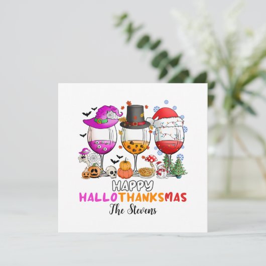 Wijn Glas Fijne Hallowthanksmas T-shirt Kaart (Staand voorkant)