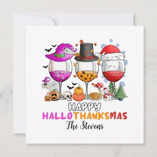Wijn Glas Fijne Hallowthanksmas T-shirt Kaart (Voorkant)