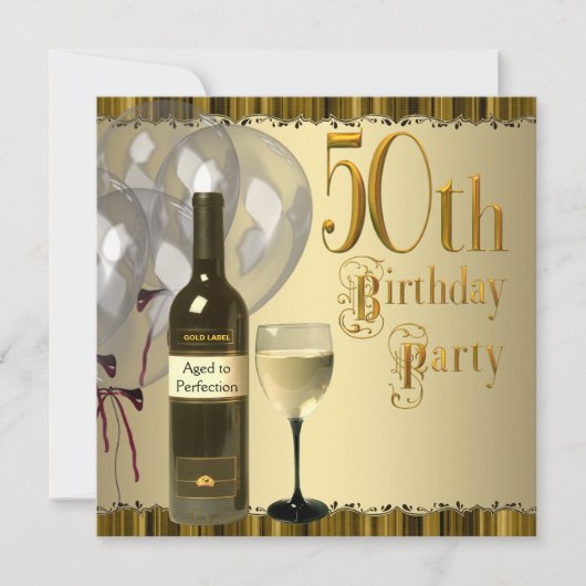 Wijn Glas Fles Goud 50ste Verjaardagsfeest Kaart (Voorkant)