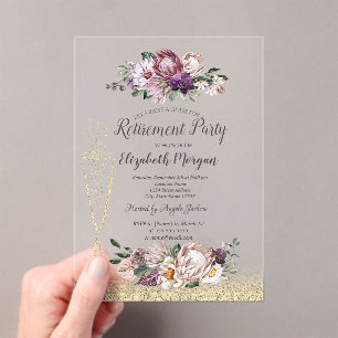 Wijn Glas Gouden Glitter Tropische Bloemen Pensioe Acryl Uitnodigingen