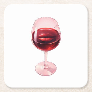 Wijn Glas met Rode Lippen Cocktail Servietten Kartonnen Onderzetters