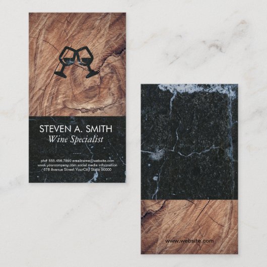 Wijn Glas Proost | Zwarte Marmer | Hout Visitekaartje (Voorkant / Achterkant)