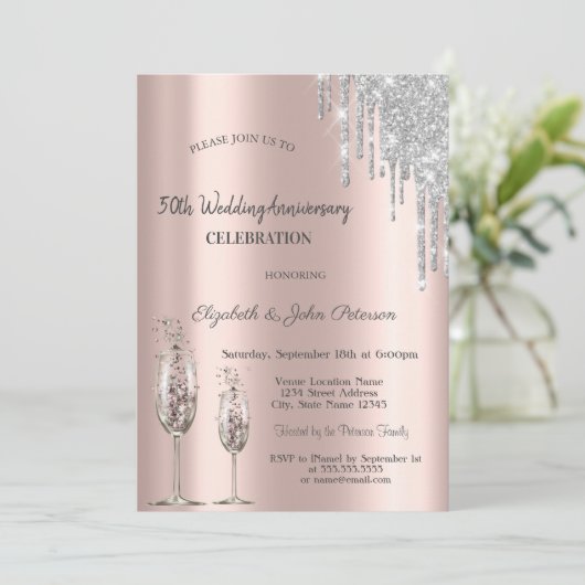 Wijn Glas Rose Goud Bruiloft Jubileum Kaart (Staand voorkant)