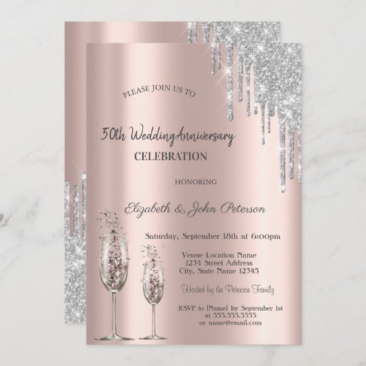 Wijn Glas Rose Goud Bruiloft Jubileum Kaart (Voorkant / Achterkant)