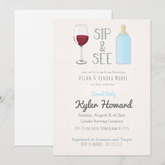 Wijn Glas Sip & See Baby Shower Uitnodiging Jongen (Voorkant / Achterkant)